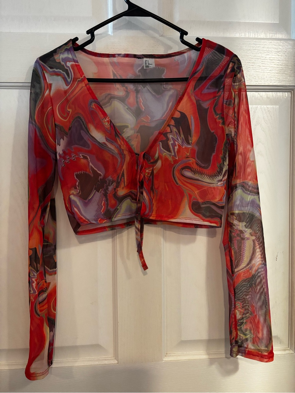Sheer Red Tie-Front Long-Sleeve Crop Top
